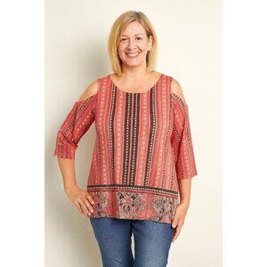 JM Collection Mixed Print Shoulder Crepe 3/4 sleeves  coral Top Size M